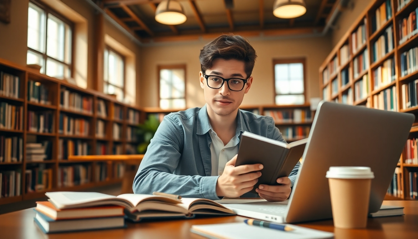 Pay someone to take toefl with a focused student studying in a cozy library.