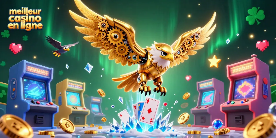 Explorez les jeux au meilleur casino en ligne avec une illustration dynamique de machines et jeux de casino.