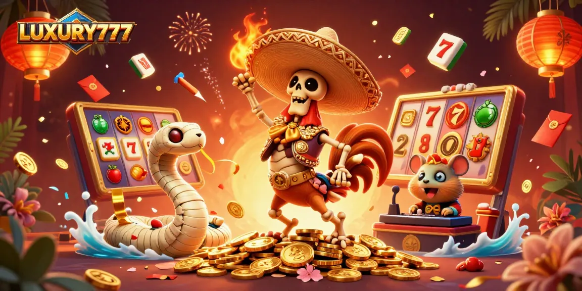 Permainan LUXURY777 dengan kostum unik, simbol slot berkilauan, dan elemen keberuntungan dalam ilustrasi kasino.