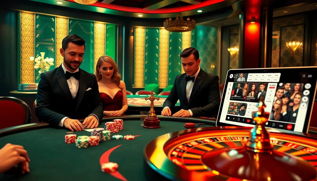 Profitez de scènes vibrantes du meilleur casino en ligne 2026 avec des joueurs à une table de poker et une roulette tournante.