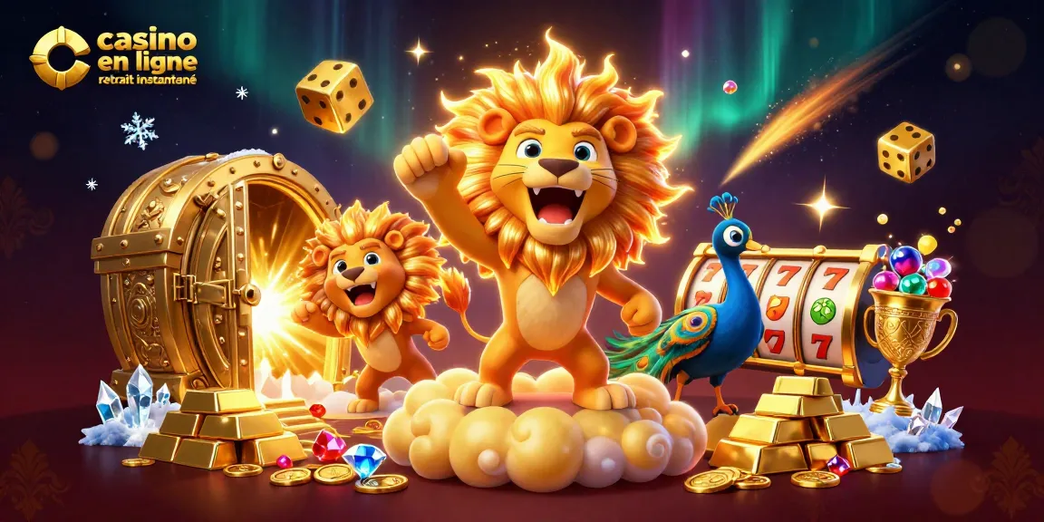 Profitez des gains sur le casino en ligne retrait instantané avec des dés dorés et un lion majestueux.