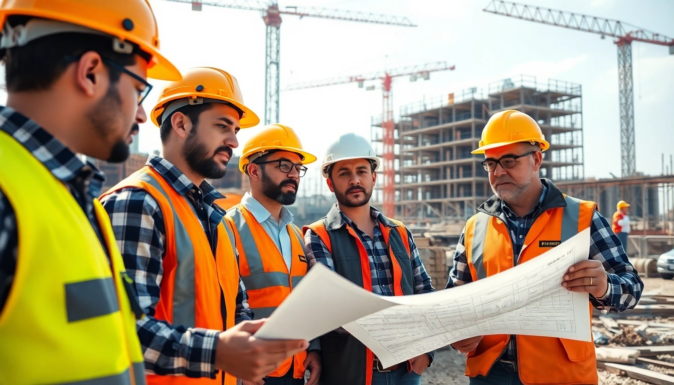 Construction career professionals collaborating at a busy construction site.