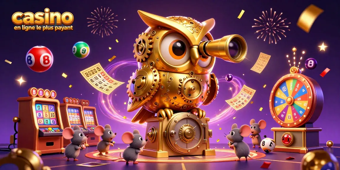 Illustration dynamique d'un casino en ligne le plus payant avec une chouette steampunk et des souris patrons.