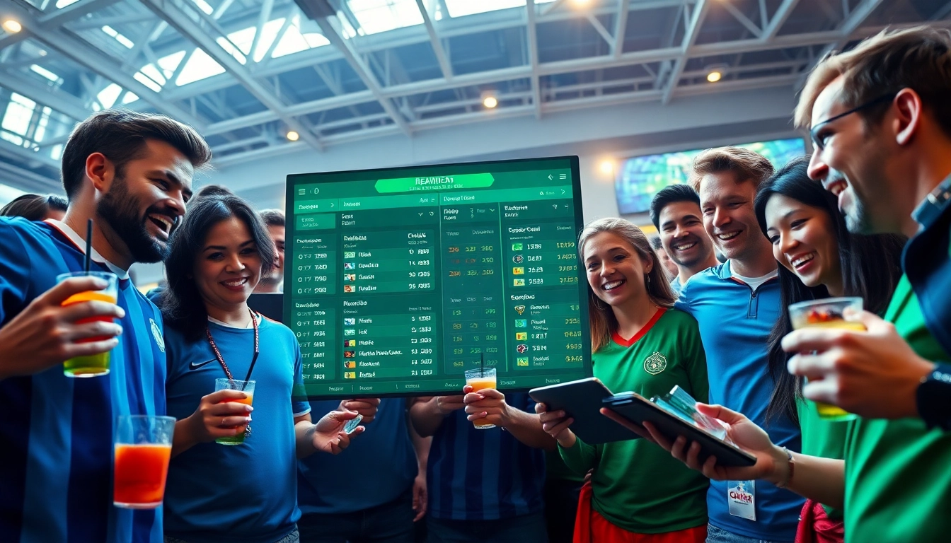 Dynamic soccer betting scene showcasing tỷ lệ kèo with enthusiastic fans engaging with real-time betting odds.