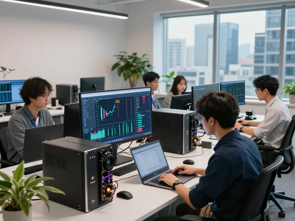 Crypto cloud mining platform collaboration in a modern office with high-tech equipment and data analysis.