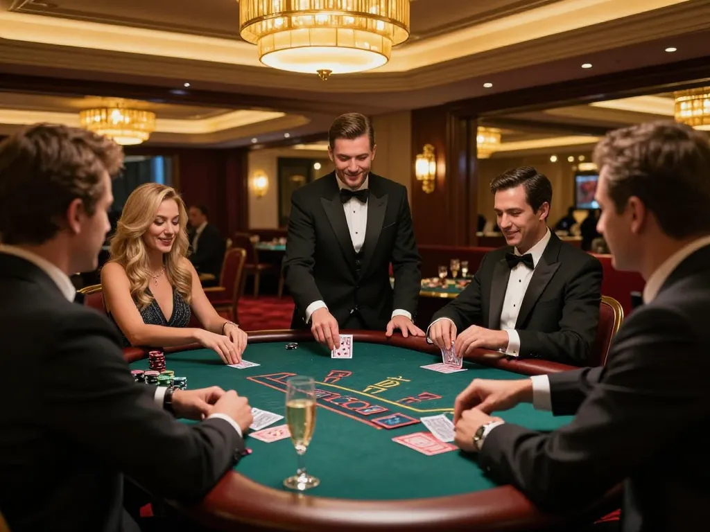Engaged players enjoying top quality widgets at a blackjack table in a luxurious casino.