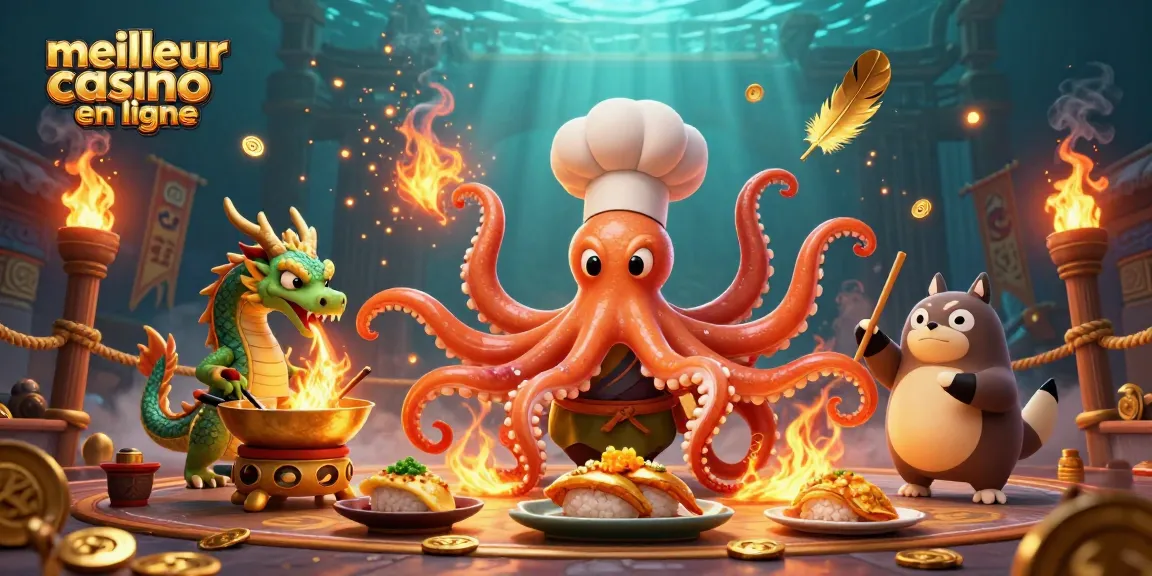 Découvrez les jeux au meilleur casino en ligne avec une illustration vibrante d'un octopus chef et un dragon.