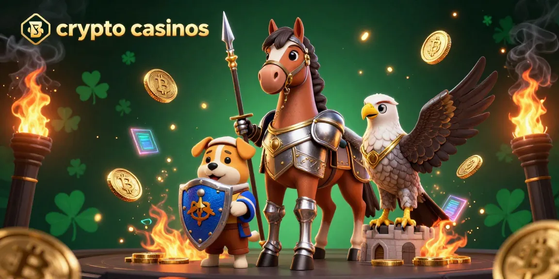 Illustration dynamique de crypto casinos, représentant des pièces Bitcoin et Ethereum autour d'un chevalier médiéval.