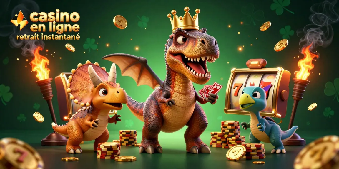 Illustration d'un T-Rex jouant dans un casino en ligne retrait instantané, entouré de jetons d'or et de rouleaux de machines à sous.
