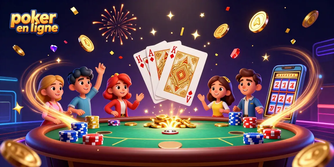 Jouez au poker en ligne et gagnez avec des cartes gagnantes et des jetons colorés, illustration dynamique.