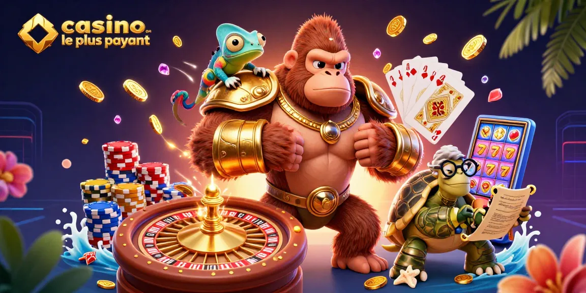 Des personnages de casino en ligne le plus payant s’affrontent avec des éléments de jeu scintillants autour.