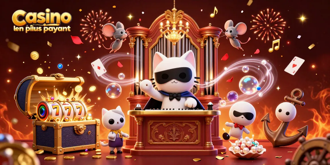 Visualisez le casino en ligne le plus payant avec un chat masqué et un acrobate souris au-dessus d'un orgue de casino.
