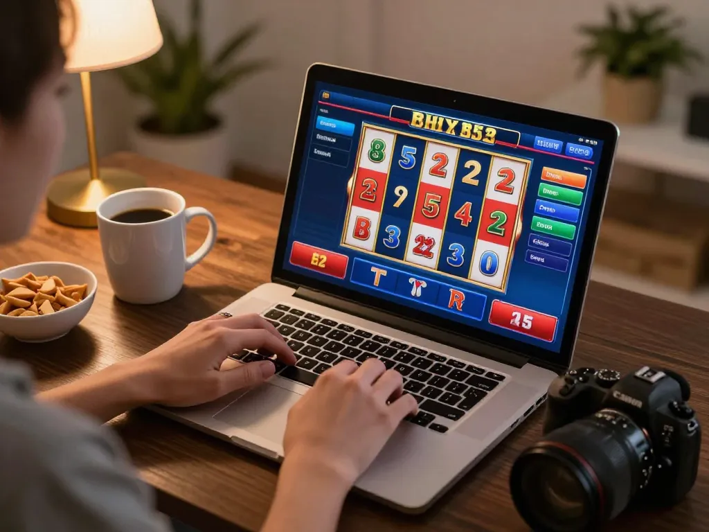 Engaging in b52 online gaming session with vibrant slot reels on a laptop in a cozy home setup