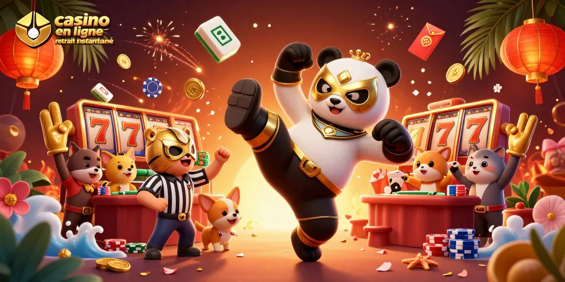 Accédez à des gains rapides avec le casino en ligne retrait instantané, un combat épique de panda dans un décor vibrant.