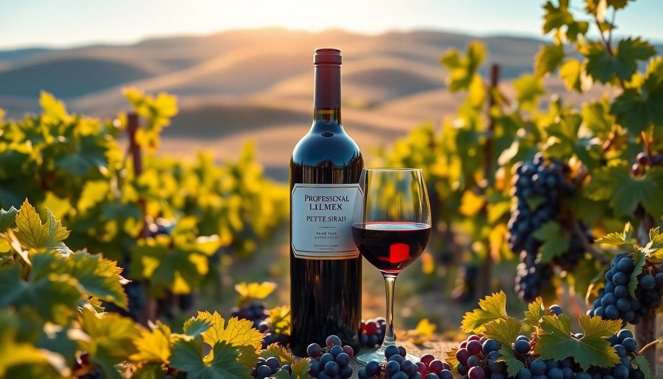Elegant petite sirah wine bottle presented amid lush vineyard with sunlight glistening.