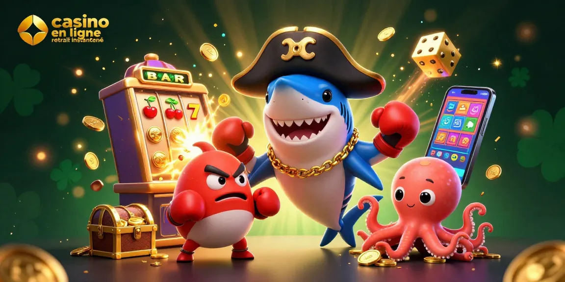 Jouez au casino en ligne retrait instantané avec un requin pirate 3D et plein de richesses et de jeux.
