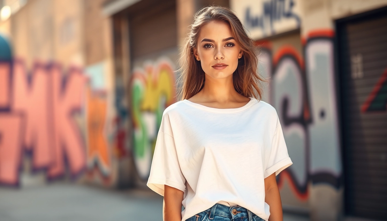 Model showcasing a stylish drop shoulder t shirt in a vibrant urban setting.