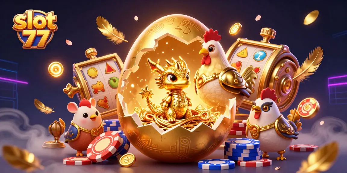 Spin to win with slot 77 as the golden dragon reveals the jackpot and colorful reels.