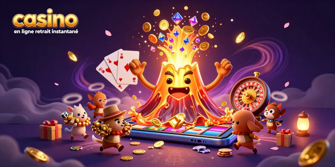 Casino en ligne retrait instantané : Éruption d’un volcan d'or avec des trésors et jeux de casino autour.