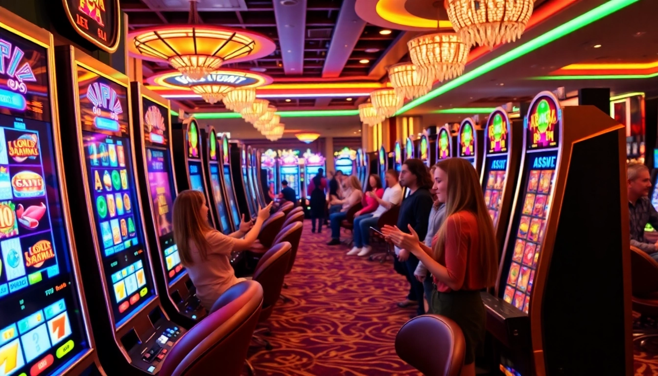 Experience the excitement of slot pragmatic games at an upscale casino with vibrant lights and engaged players.