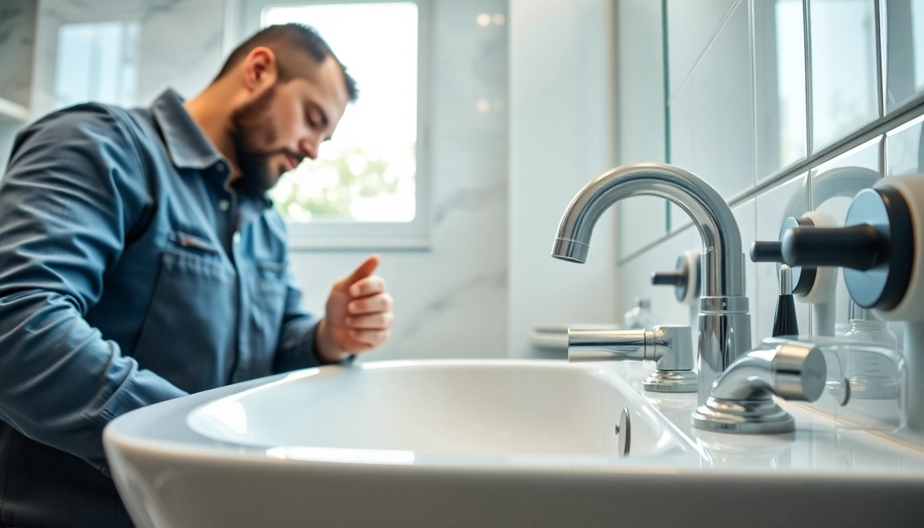 Installateur von sonni sanitär GmbH bei der Installation eines modernen Waschbeckens.