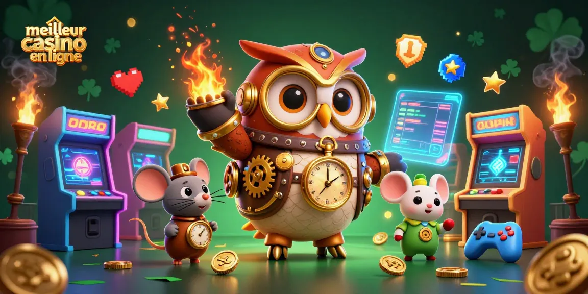 Illustration représentant le meilleur casino en ligne avec un hibou voyageur et des éléments de jeu colorés.