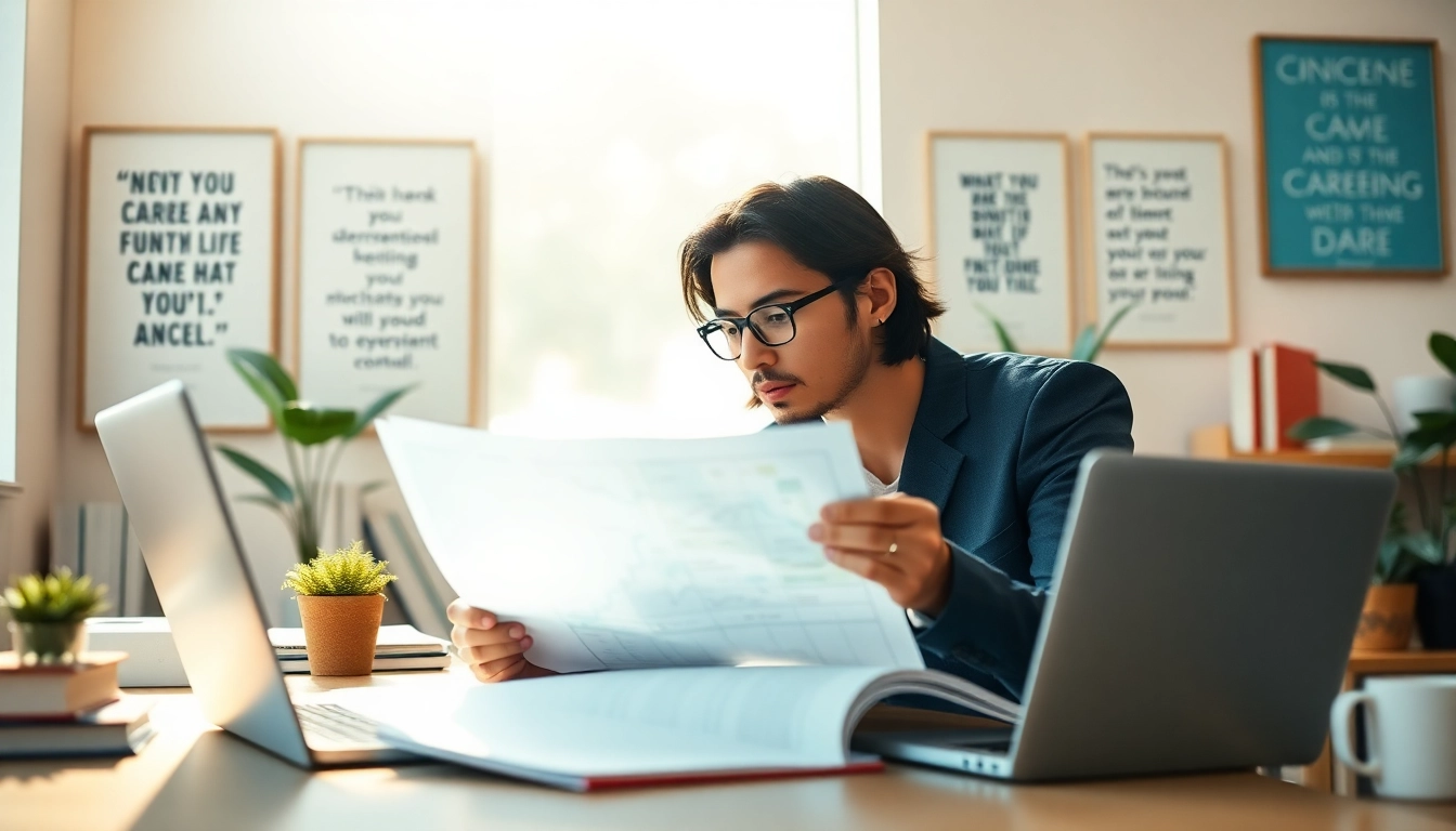 Find my true calling reflected in a professional analyzing career paths in a serene workspace.