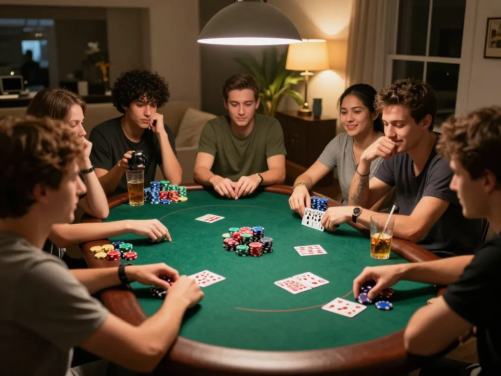 Situs slot777 exciting home poker night with friends and lively gameplay, showcasing chips and cards.
