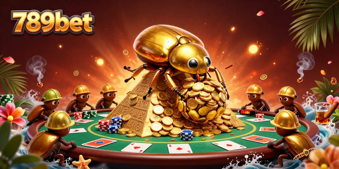 Engage in fun at 789bet with a vibrant 3D casino scene featuring golden beetles and poker elements.