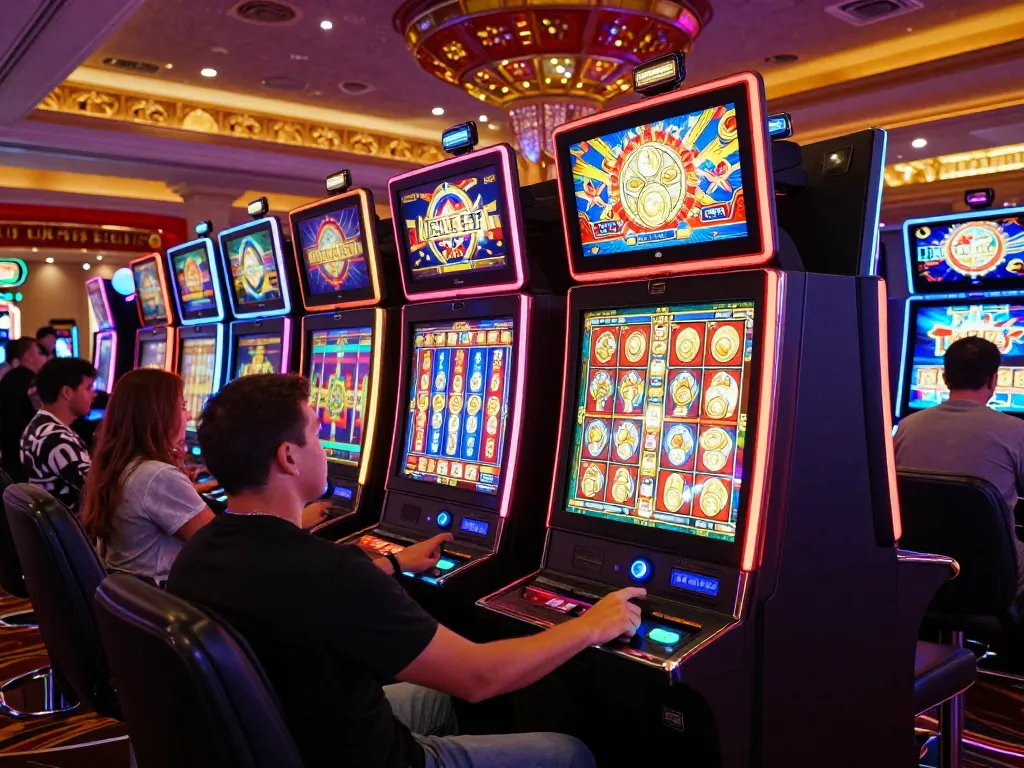 Players enjoying thrilling slot games with colorful machines in a Las Vegas casino