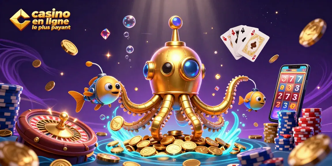 Scène dynamique captivante illustrant le casino en ligne le plus payant avec une kraken dorée et des pièces d'or.