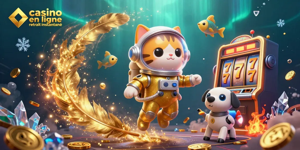 Un chat astronaute en ligne retrait instantané révélant des gains dans un casino dynamique et coloré.