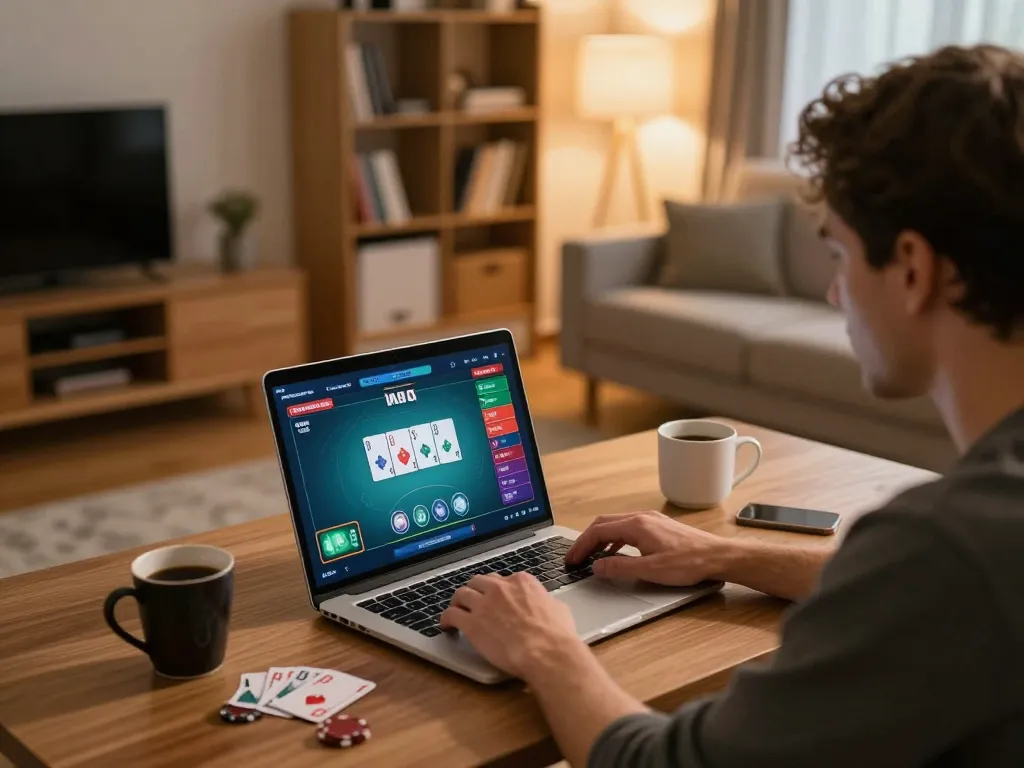 Placing bets on ev99 com with online poker cards visible, showcasing a focused gaming atmosphere