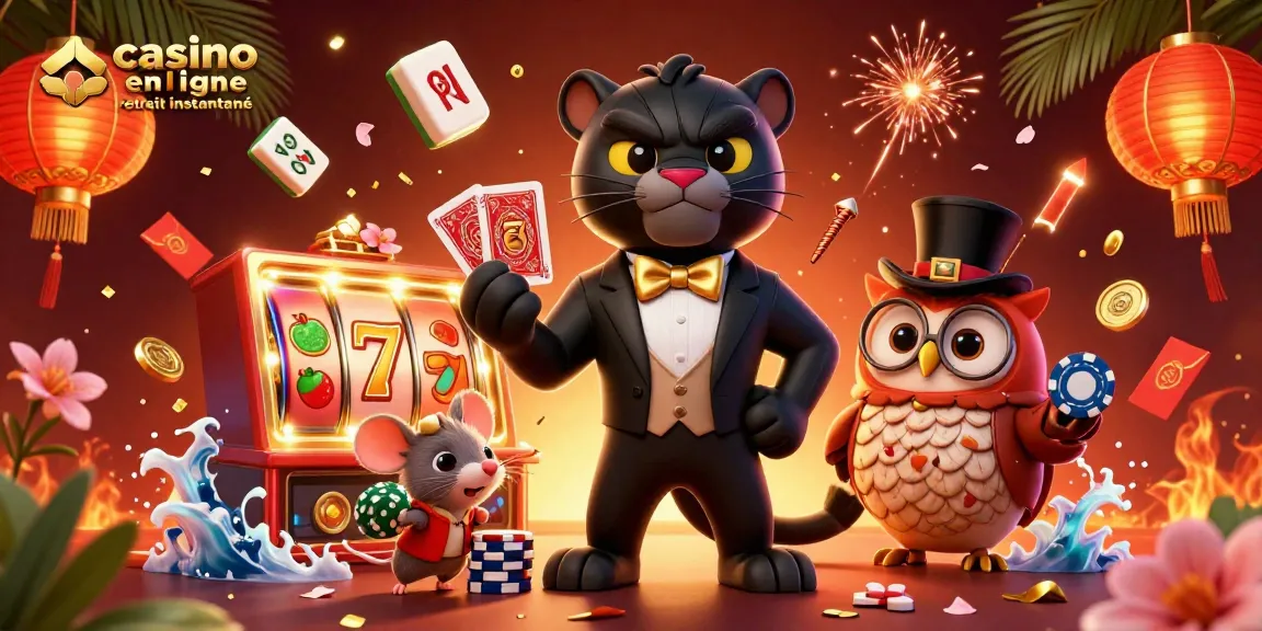 Visualisez une scène de casino en ligne retrait instantané avec un panthère en smoking, une chouette et une souris chanceuse.