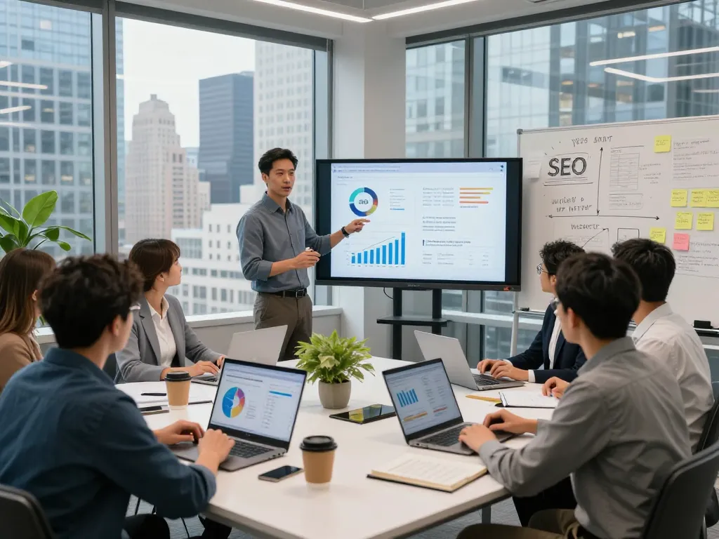 SEO Company in NYC team meeting in a modern office, strategizing digital marketing tactics.