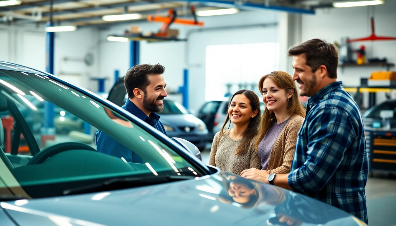 A family discussing an auto protection plan with a mechanic in an engaging garage setting.