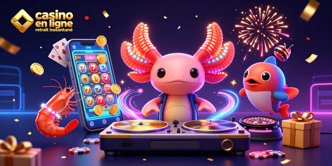 Profitez de l'animation dynamique du casino en ligne retrait instantané avec un DJ axolotl et des jetons de poker.