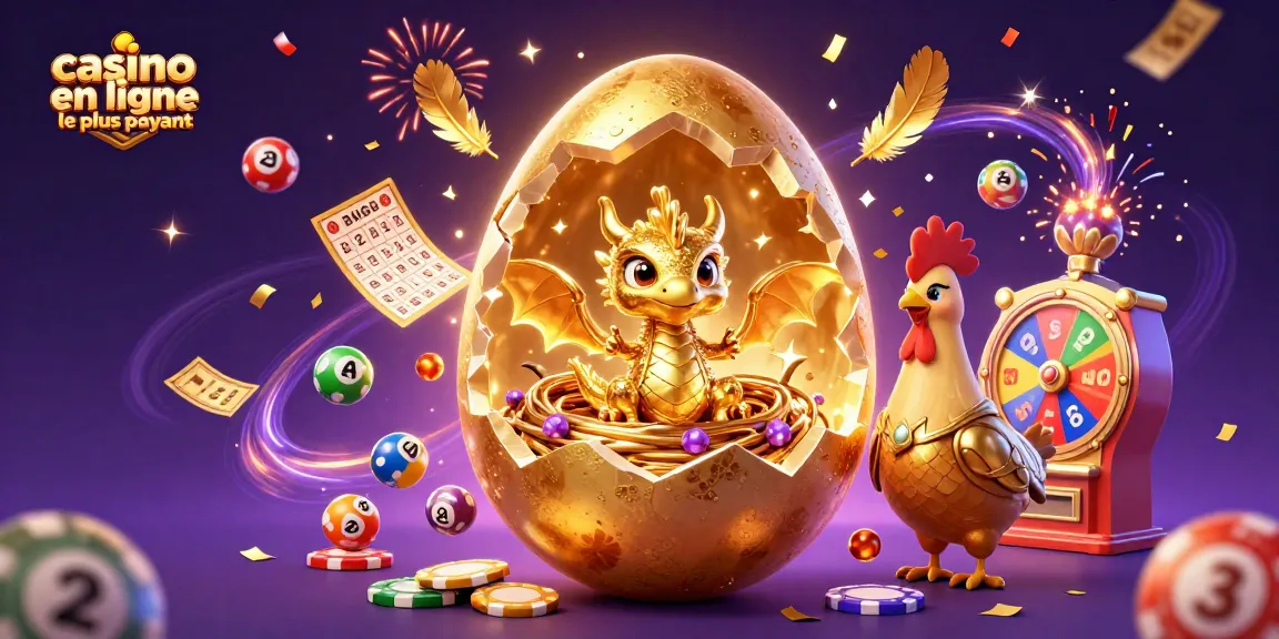 Une illustration 3D d'un œuf d'or qui révèle un dragon, représentant le casino en ligne le plus payant avec des éléments de loterie.