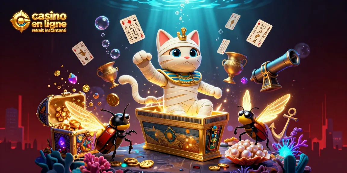 Profitez de l'aventure au casino en ligne retrait instantané avec un chat momifié et des éléments scintillants.