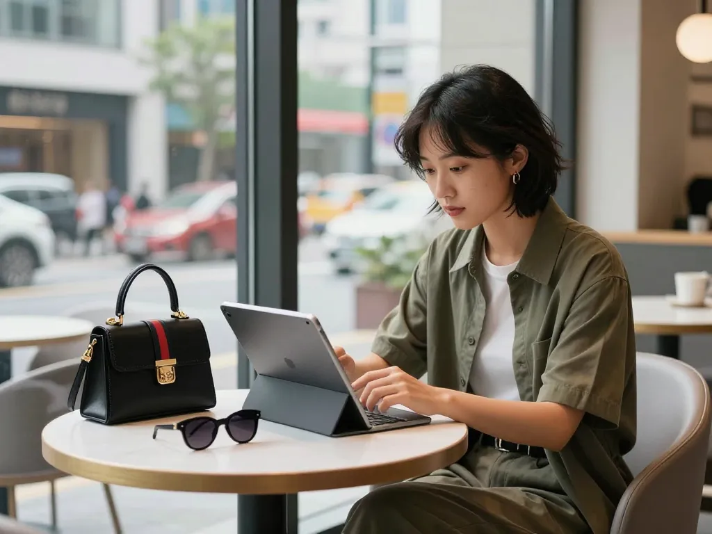 Explore high-quality 레플리카 fashion items in a stylish urban café setting.