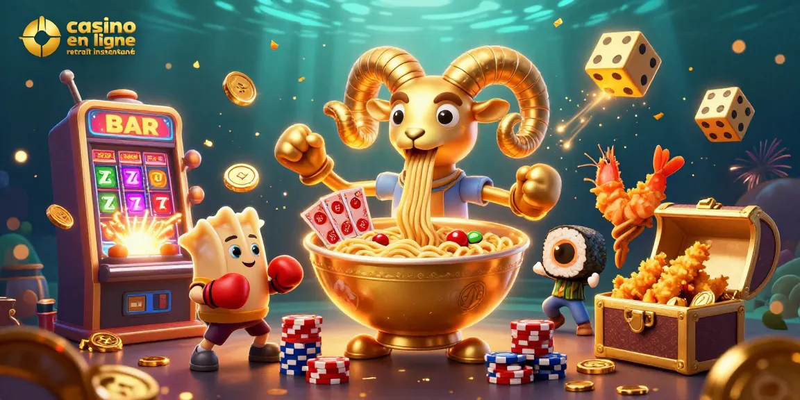Découvrez le casino en ligne retrait instantané avec cette illustration animée pleine de personnages ludiques comme un ramen géant et des motifs de jackpot.