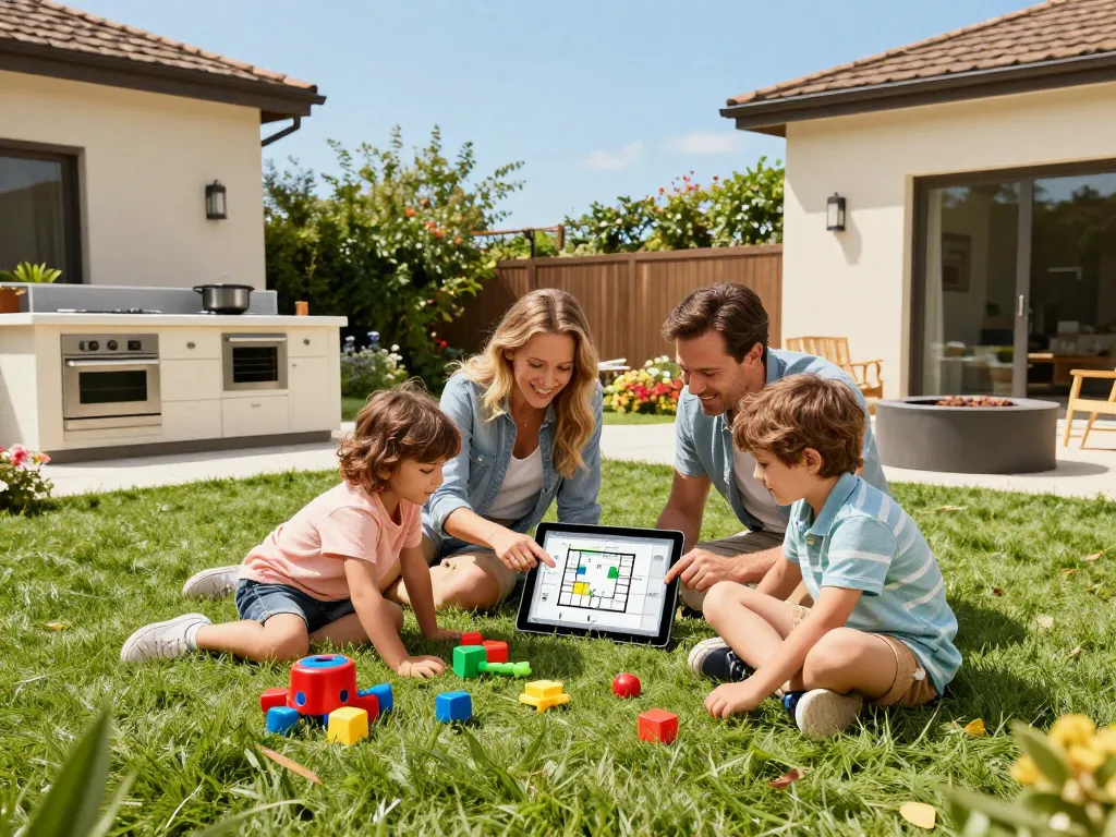 Family using outdoor living configurator to design a sunny backyard space with joy.