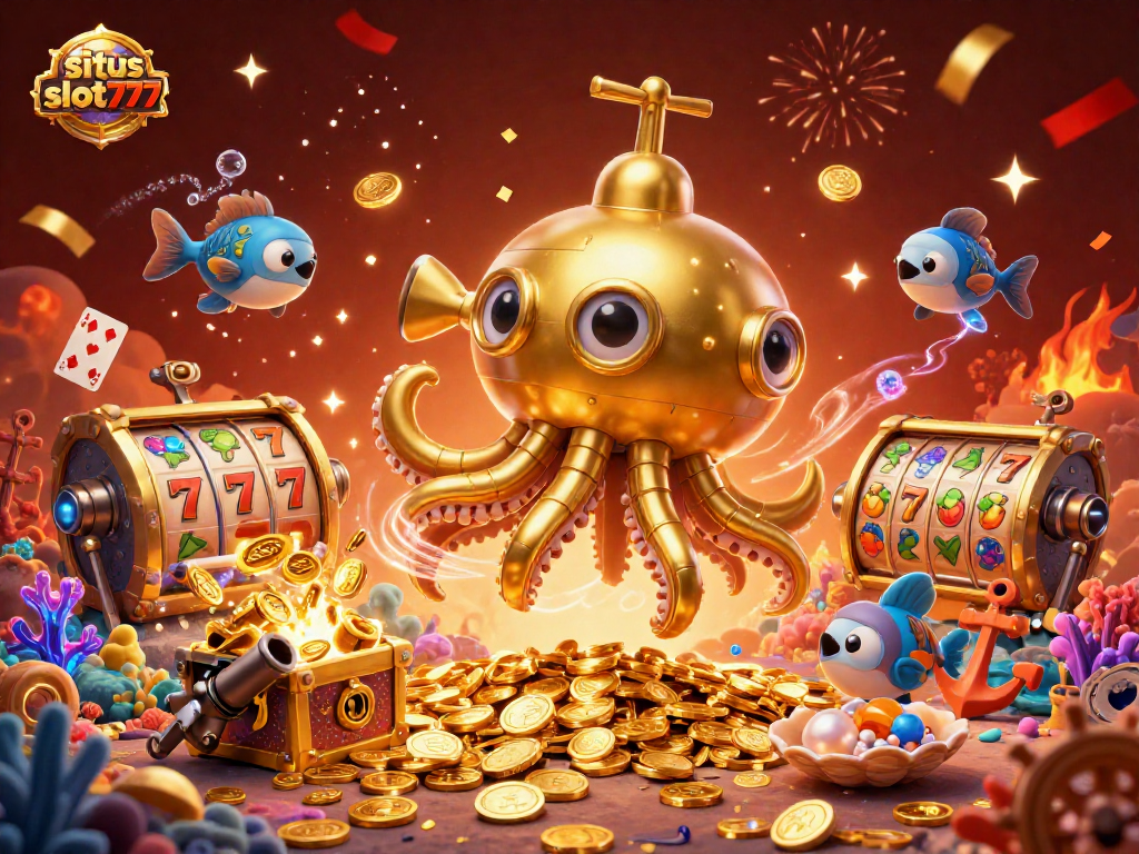 situs slot777 brings luck with a festive underwater jackpot scene of golden kraken and treasures