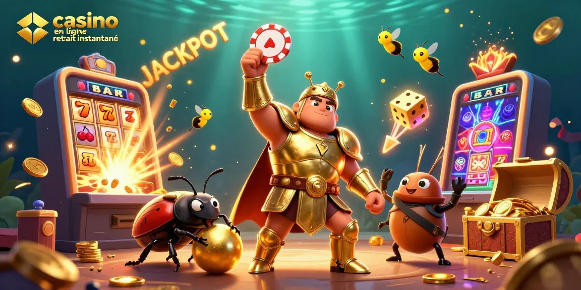 Jouez à casino en ligne retrait instantané avec une illustration amusante de personnages animés au casino.