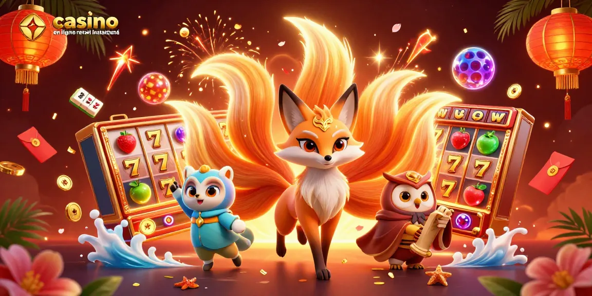 Illustration d'un casino en ligne retrait instantané avec un renard à neuf queues et des éléments de jeu colorés.