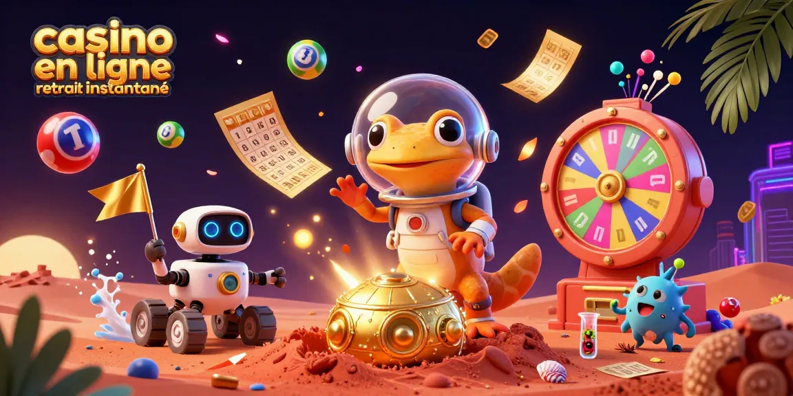 Retrait instantané au casino en ligne avec un gecko martien en mission dans une scène festive.