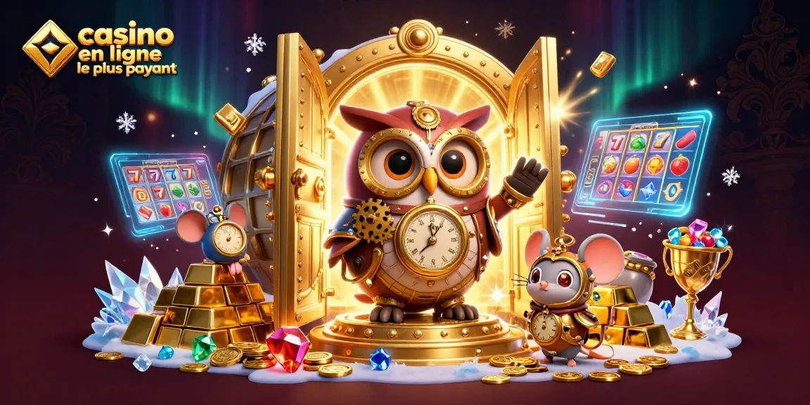 Un dessin représentant le casino en ligne le plus payant avec une chouette steampunk et une souris, entourés de richesses scintillantes.