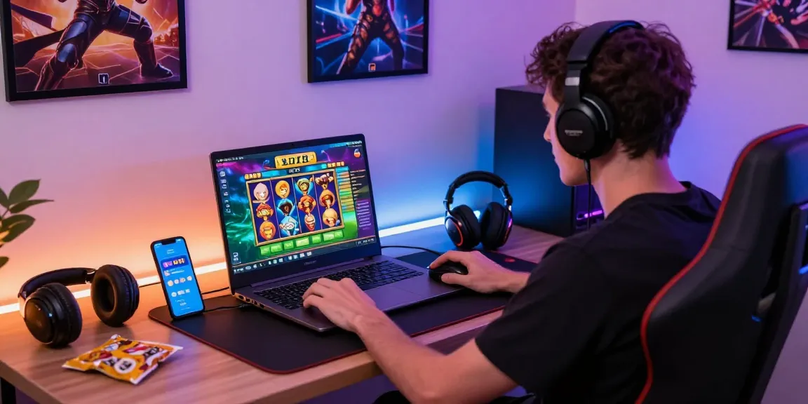 Pengguna memainkan apk slot di laptop dengan antarmuka permainan yang cerah dan aksesori gaming modern.