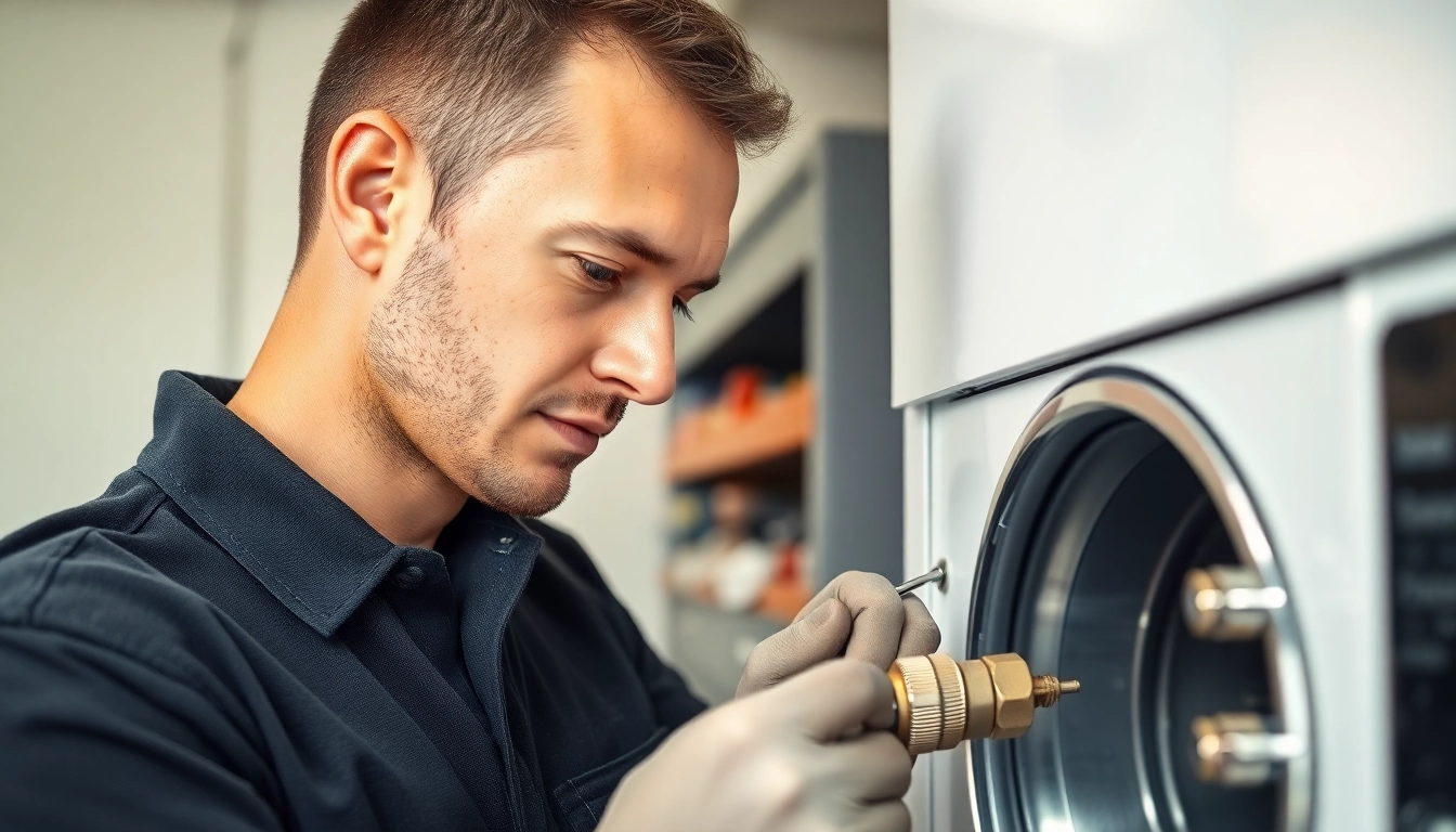Experienced technician performing gas dryer repair with tools in a professional workshop.