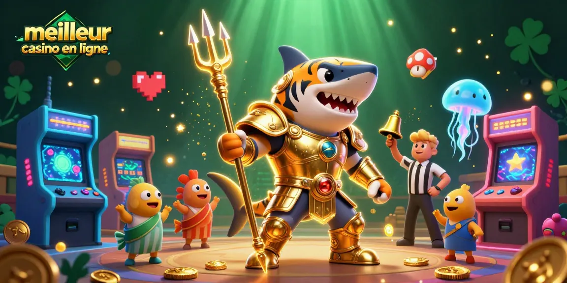 Découvrez le meilleur casino en ligne dans une scène vibrante avec un requin tigre gladiateur et des éléments de jeu dynamiques.